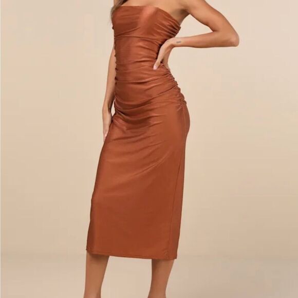 Elegant Strapless Copper Brown Dress - Picture 2 of 9